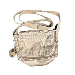 Kipling Shoulder Bag Metallic Gold Tan Beige Nylon Crossbody Handbag Purs